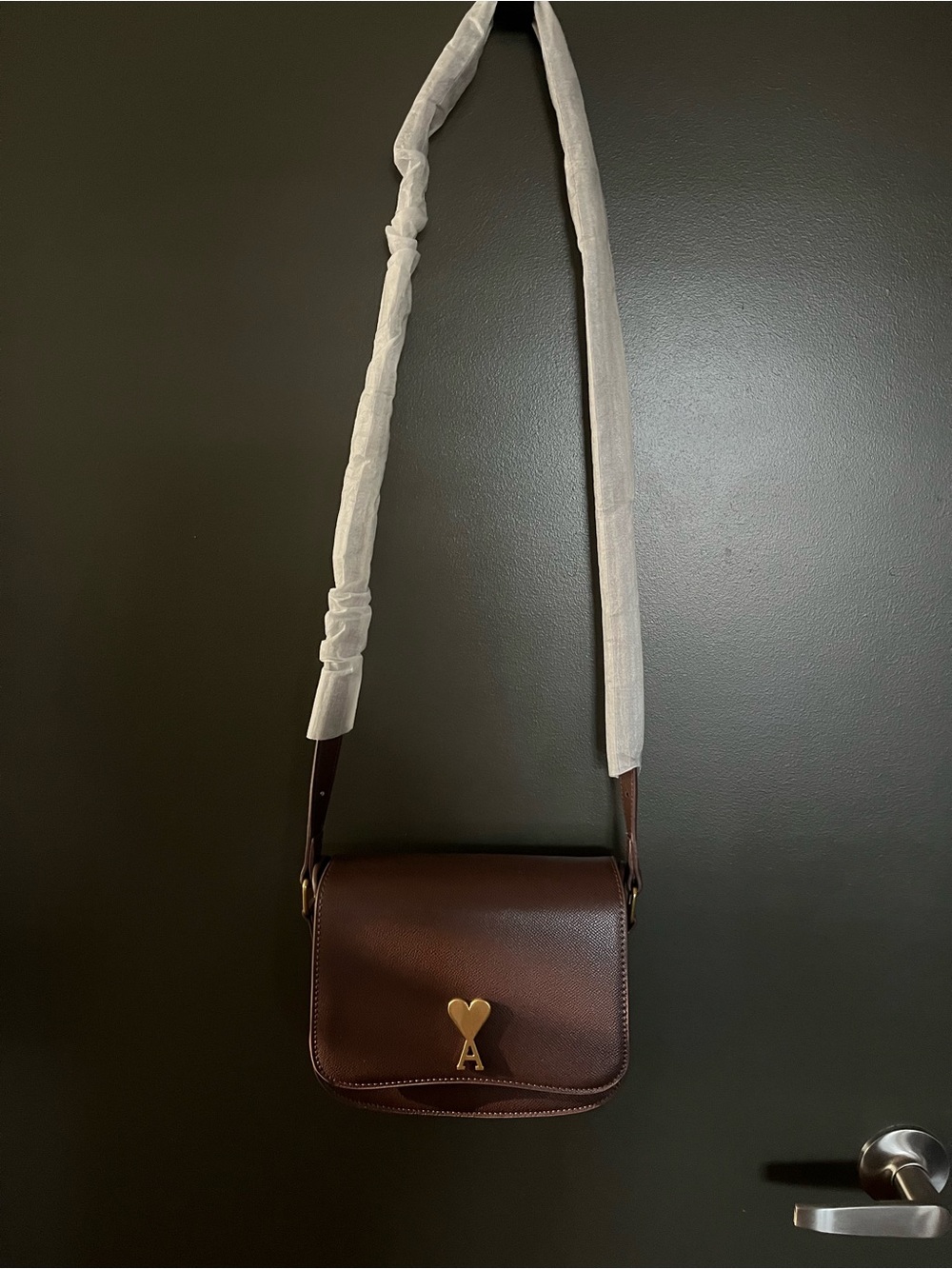 Brown Leather Crossbody with Gold Heart A Logo